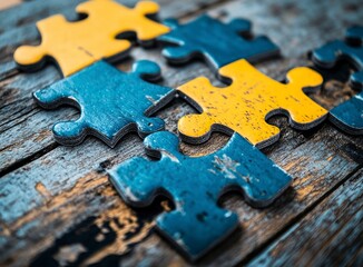 Blue and yellow puzzle pieces on wooden background, concept of training or learning with educational toys for children stock photo contest winner, high resolution photography 