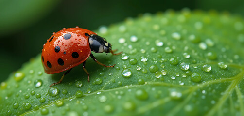 A vibrant red ladybug resting on a fresh green leaf, its shell dotted with tiny water droplets that magnify the patterns beneath.