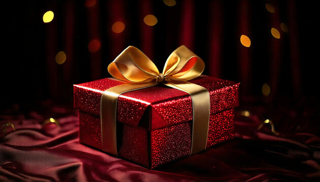 A luxurious red and black gift box with a shimmering gold ribbon, elegantly placed on a dark sparkle background