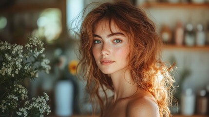 Fototapeta premium Beautiful Young Woman With Flowing Red Hair in Bright Indoor Setting. Generative AI