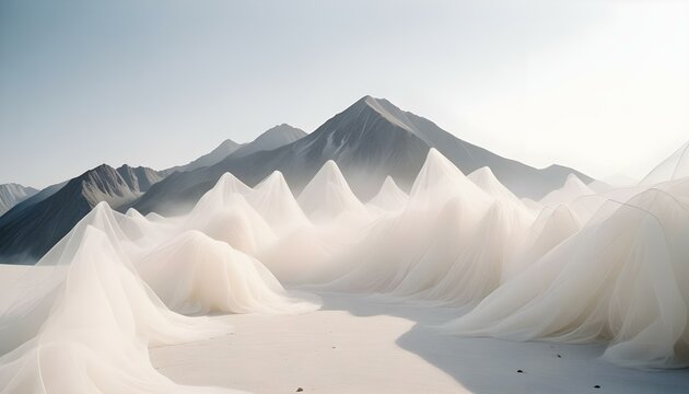 Minimalismo, con grandes espacios en blanco, formas de monta&ntilde;as, materiales de tejido de tul blanco y aire, un concepto abstracto