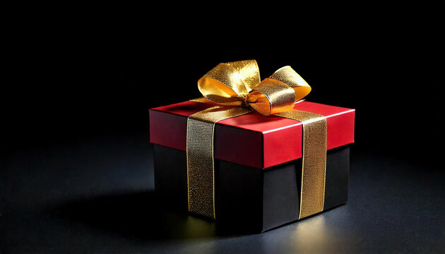 A stylish red-black gift box with an intricate golden bow, positioned under a soft spotlight
