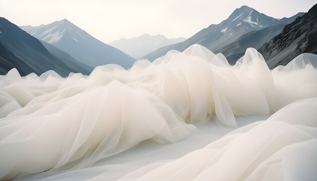 Minimalismo, con grandes espacios en blanco, formas de monta&ntilde;as, materiales de tejido de tul blanco y aire, un concepto abstracto
