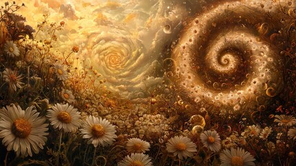 Surreal Landscape with Fibonacci Spirals and Dreamy Floral Elements