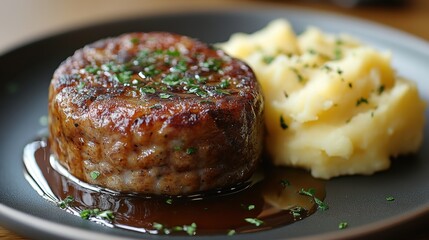 A hearty Scottish haggis with mashed potatoes