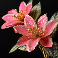 Fototapeta premium Vibrant pink lily flowers, macro photography, water droplets, dewdrops on petals, dark background, high contrast, detailed stamen, soft focus edges, dramatic lighting, nature close-up.