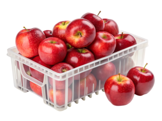 Fresh Red Apples in a Plastic Basket isolated on transparent background