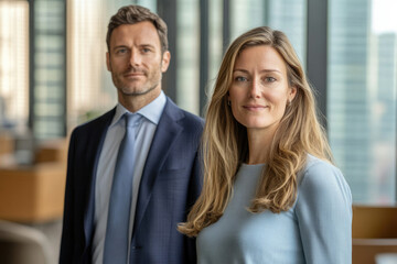 Portrait of a confident business man and woman standing together in a modern office.