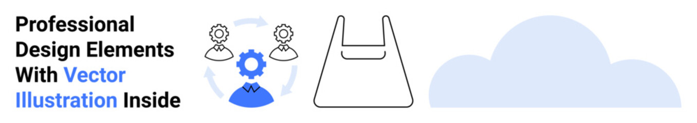 Simplistic gear with people avatars, bag outline, and cloud for teamwork, tech, e-commerce, productivity, branding, digital tools networking. Ideal for flat landing page banner