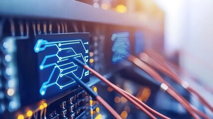 Data processing event server room technology image digital environment close-up view network management concept
