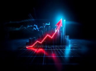 A vibrant red arrow dramatically ascends over a bar graph, illuminated against a dark backdrop. The scene suggests progress and positive trends in a digital and futuristic style.