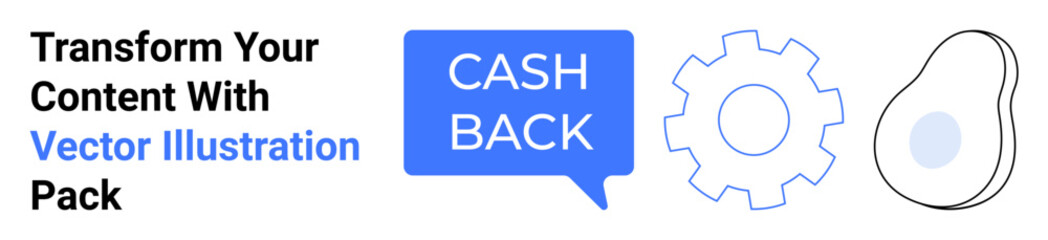 Cashback speech bubble, mechanical cogwheel, and simple avocado shape. Ideal for ecommerce, technology, food, branding, finance, design projects social media creative advertising flat landing page