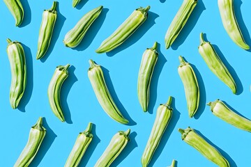 Fresh Okra Arranged on Blue Background