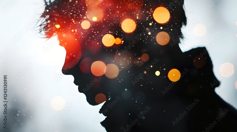 Poster Dramatic and Evocative Portrait Silhouette Backlit by Glowing Ethereal Lighting in a Mysterious Surreal Night Sky Background  Captures a Sense of Fantasy Imagination and Introspective Contemplation