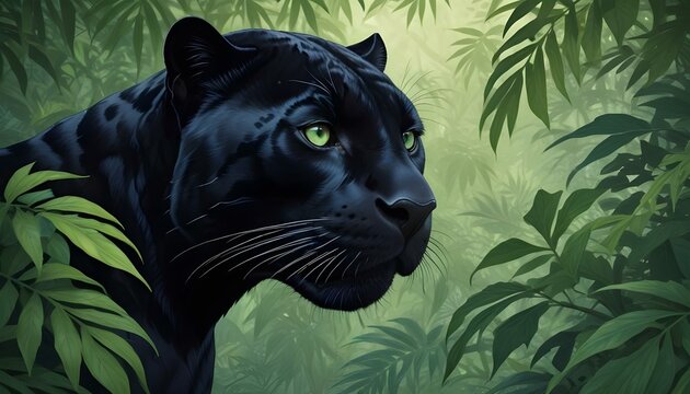 Peligroso animal pantera negra, hojas verdes, ojos verdes, selva, retrato, hiperrealista, fotograf&iacute;a documental profesional, luz p&aacute;lida difusa