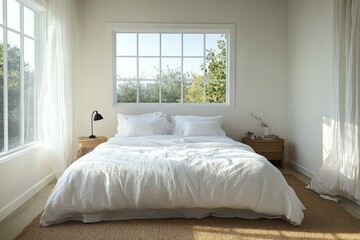 Minimalist bedroom with soft sunlight and white linens