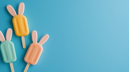 Colorful Easter bunny-shaped popsicles against a blue background for a playful summer vibe.