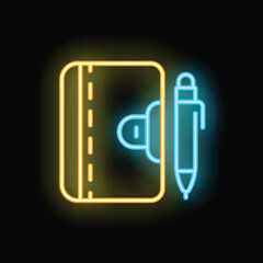 Neon icon of a notebook with a pen glowing yellow and blue on a dark background