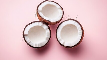 Flat lay of fresh coconut cut in half on a clean surface.