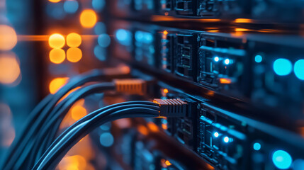 Naklejka premium A network backbone in a server farm is illustrated, featuring neatly organized cables and switches for seamless data transfer.