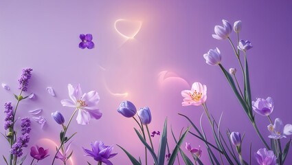 Fototapeta premium Serene Floral Scene with Lavender Tulips and Blossoms Against a Pastel Purple Backdrop