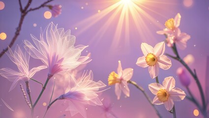 Pastel Floral Dreamscape with Daffodils Magnolias and Bokeh Lights Springtime Bliss