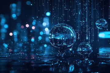 Fototapeta premium Floating Transparent Spheres Absorbing Raindrops in Blue Water