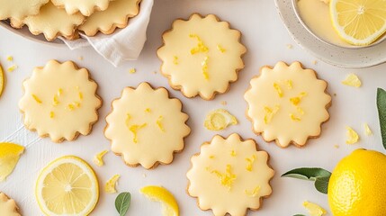 Flat lay of freshly baked shortbread cookies with lemon glaze, British Spring Fair.