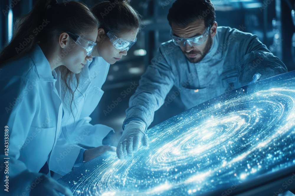 Leinwandbilder scientists collaborate, examining a swirling, luminous digital display, possibly representing data o