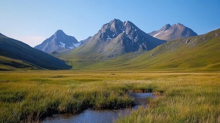Majestic Mountain Range with Grassland Valley and Stream