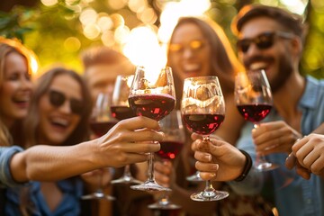 Friends enjoying an outdoor gathering, sipping red wine and watching the sunset
