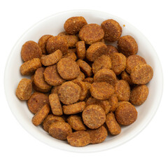 Dry dog food in the white bowl.