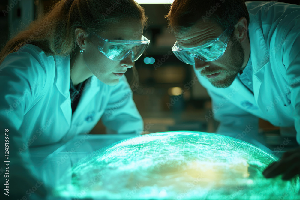 Aufkleber two scientists in lab coats examine a glowing, data-rich globe, likely analyzing global data or rese