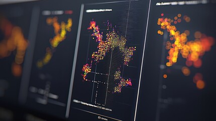 Data visualizations displaying dynamic patterns digital workspace infographics tech environment close-up view analytical insights