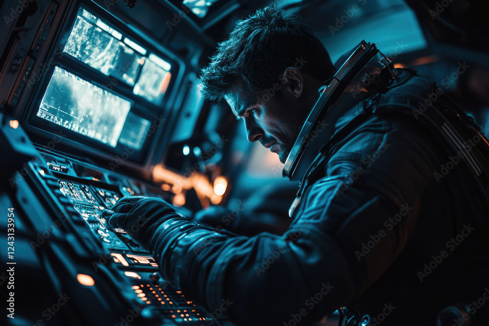 Poster Astronaut intently operates complex spaceship console, navigating through a digital interface in a futuristic setting.