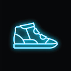 Blue neon sign showing a sneaker shoe glowing on a black background