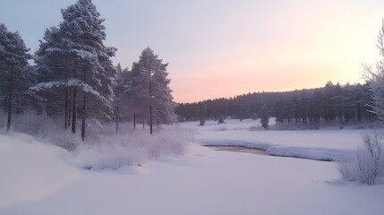 A serene winter landscape in the Scandinavian region, with snow-covered fields and forests

