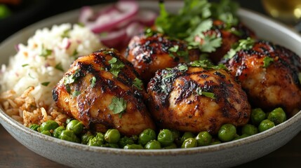 A Jamaican jerk chicken with rice and peas