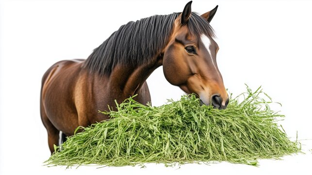 The horse eats grass. Close-up, realistic image, white background.