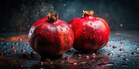 Two ripe pomegranates glistening with water droplets, resting on a dark, wet surface with scattered seeds.
