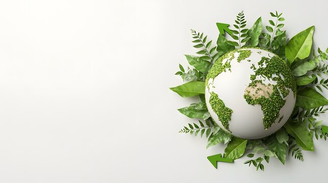 Glossy and colorful Earth globe encircled by green arrows emphasizing the concept of sustainability and eco friendly initiatives on a bright white background
