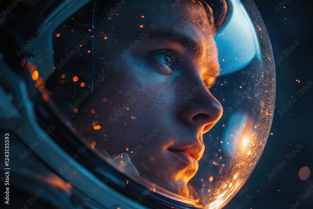 Poster Close-up of an astronaut's face inside a helmet, illuminated by warm and cool light, creating a surreal cosmic atmosphere.