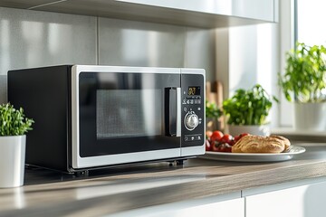 A sleek black and white microwave placed on the kitchen table in a contemporary home kitchen.