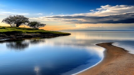 Fototapeta premium Coastal Sunrise Landscape with Mirrored Reflections