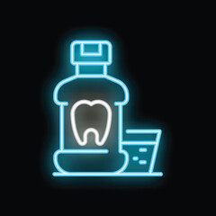 Glowing neon sign depicting a bottle of mouthwash and a measuring cup, emphasizing the importance of oral health