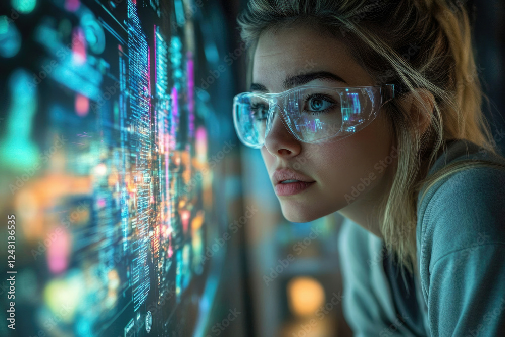 Leinwandbilder a young woman intently studies a large screen displaying complex data streams, showcasing technologi