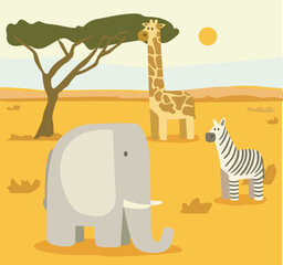 africa animals elephant zebra and giraffe wildlife cartoon character cute children style vector flat illustration on savanah background