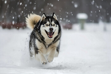 Naklejka premium A husky dog joyfully bounds through a snowy landscape, its fur glistening under a flurry of snowflakes. Pure winter wonderland energy!