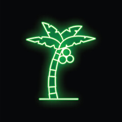 Glowing green neon sign of a coconut palm tree on a black background