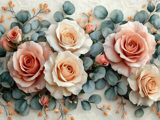 Peach Roses & Eucalyptus: Elegant Floral Art